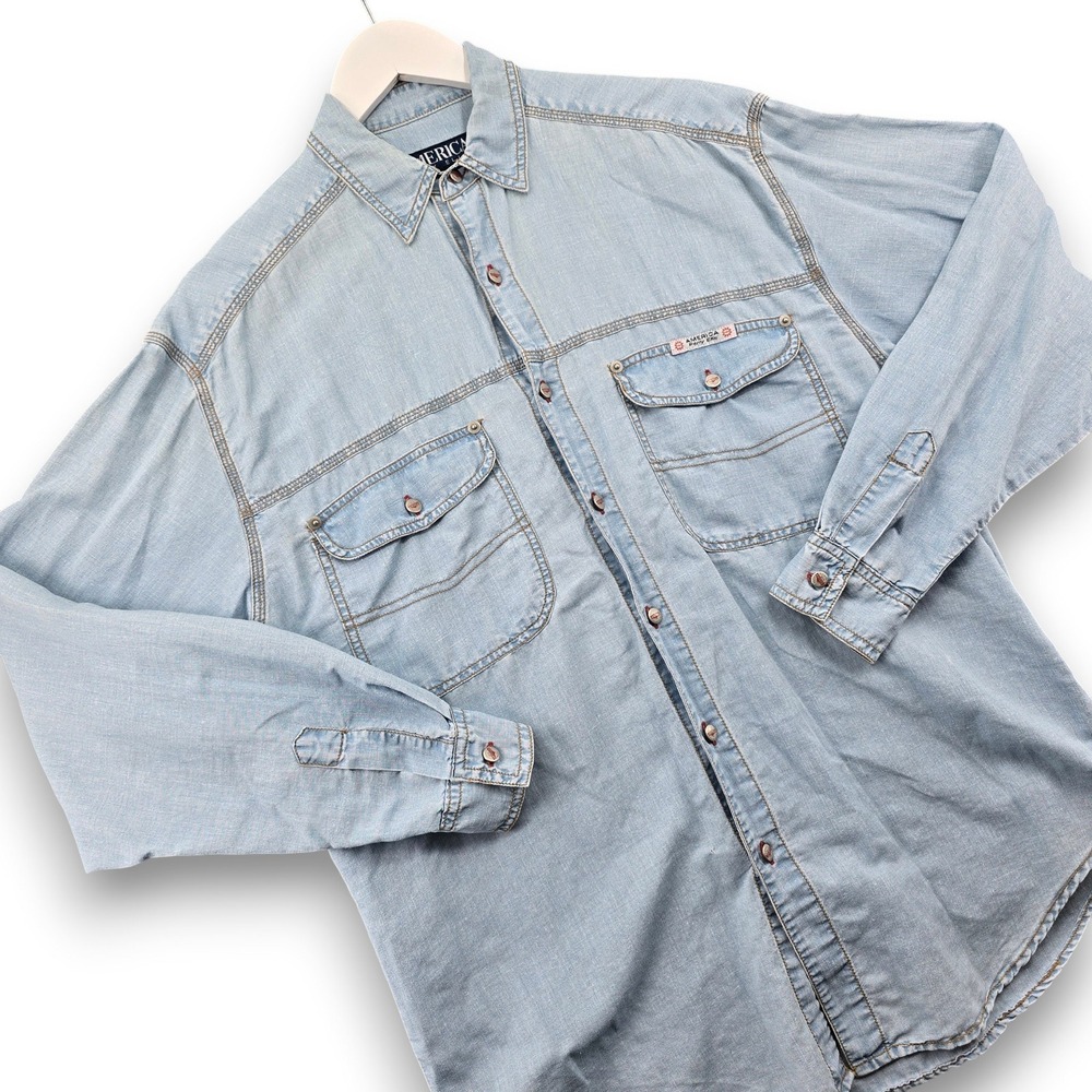 America Perry Ellis 90s Mens S Light Blue Ramie Cotton Long Sleeve Denim Shirt